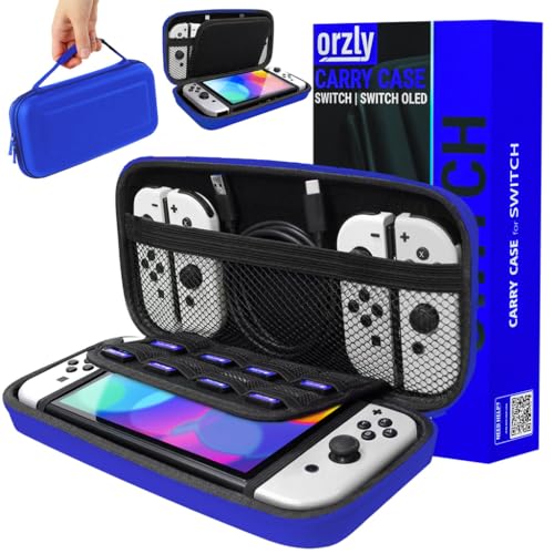 Orzly Tragetasche Kompatibel mit Nintendo Switch und New Switch OLED-Konsole - Blau schützende Hülle, Harte tragbare Reisetasche mit Taschen für Zubehör und Spiele von Orzly