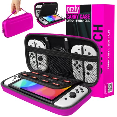 Orzly Tragetasche Kompatibel mit Nintendo Switch und New Switch OLED-Konsole - Rosa schützende Hülle, Harte tragbare Reisetasche mit Taschen für Zubehör und Spiele von Orzly