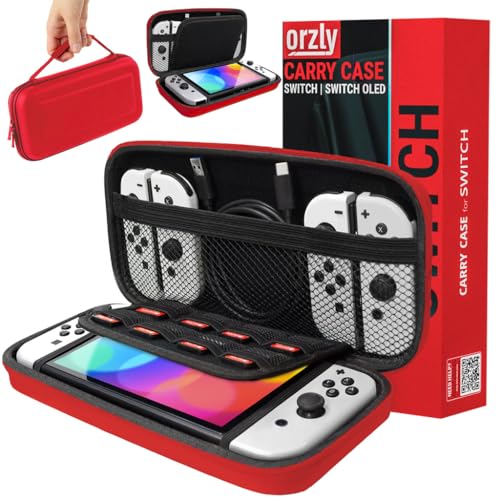 Orzly Tragetasche Kompatibel mit Nintendo Switch und New Switch OLED-Konsole - Rot schützende Hülle, Harte tragbare Reisetasche mit Taschen für Zubehör und Spiele von Orzly