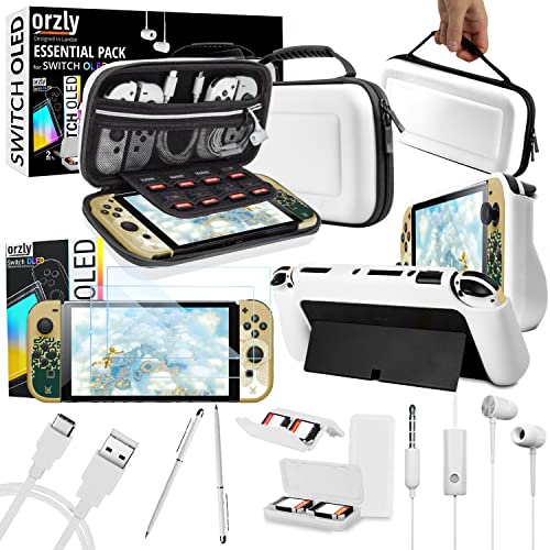 Orzly Zubehör-Bundle-Set für Nintendo Switch Oled Zubehör Essentials Pack Hülle und Displayschutz Komfortgriffabdeckung Kopfhörer-Ladekabel Spielehalter und mehr – OLED-Edition in Geschenkbox von Orzly