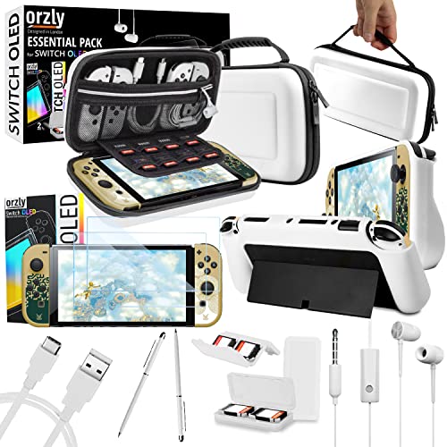 Orzly Zubehör-Bundle-Set für Nintendo Switch OLED Zubehör Essentials Pack Hülle und Displayschutz Komfortgriffabdeckung Kopfhörer-Ladekabel Spielehalter und mehr – OLED-Edition in Geschenkbox von Orzly