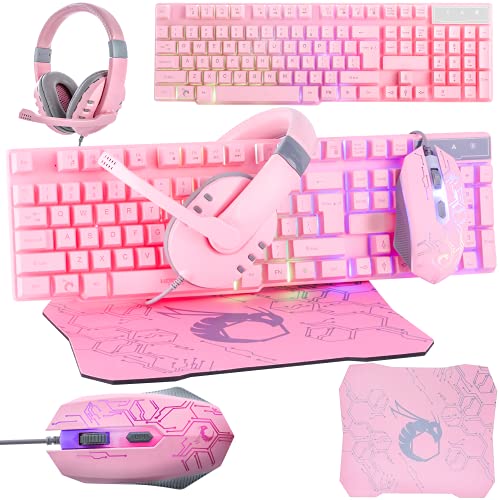 Pink Gaming Tastatur und Maus Headset Kopfhörer und Mauspad Kabelgebundene LED RGB Hintergrundbeleuchtung Bundle Pink PC Zubehör für Gamer und Xbox und PS4 PS5 Nintendo Switch Benutzer - 4in1 Edition von Orzly