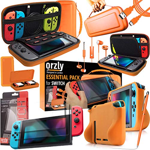 Switch Accesoires, Orzly Zubehör für Nintendo Switch ( Schutzfolien, USB Ladekabel, Konsole Tragetasche, Spiele Patronenhülse, Comfort Grip Case, Kopfhörer)-ORANGE von Orzly