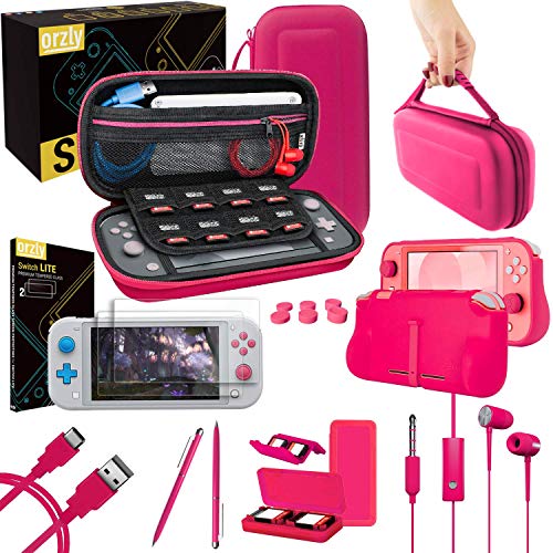 Orzly Switch Lite Accesoires, Zubehör für Nintendo Switch Lite (2019) Panzerglas Schutzfolien, USB Ladekabel, Konsole Tragetasche, Spiele Patronenhülse, Comfort Grip Case, Kopfhörer - Rosa von Orzly