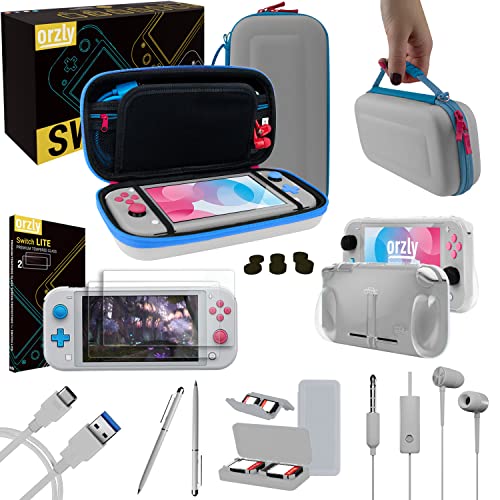 Orzly Switch Lite Accesoires, Zubehör für Nintendo Switch Lite (2019) Panzerglas Schutzfolien, USB Ladekabel, Konsole Tragetasche, Spiele Patronenhülse, Comfort Grip Case, Kopfhörer -Z&Z Edition von Orzly