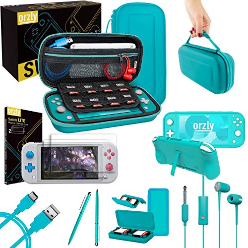 Switch Lite zubehör für Nintendo Switch Lite tasche hülle Panzerglas Schutzfolien, USB Ladekabel, Konsole Tragetasche, Spiele Patronenhülse,Comfort Grip Case, Kopfhörer- Türkis Blau yellow Koralle von Orzly