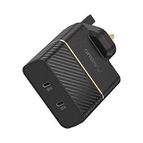 OtterBox Dual Port UK Ladegerät 50W, USB-C PD 30W GaN + USB-C PD 20W, Schnelllade Gerät für Smartphone und Tablets, Sturzgeschützt und Robust, Schwarz von OtterBox