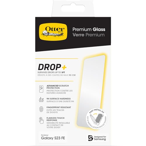 OtterBox Premium Glass Displayschutz für Samsung Galaxy S23 FE, gehärtetes Glas, hervorragender Kratzschutz, übersteht Stürze bis zu 0,9m, antimikrobieller Schutz von OtterBox