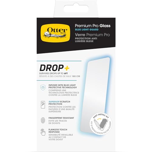 OtterBox Premium Pro Blue Light Glass Displayschutz für iPhone 15 Pro Max, gehärtetes Glas, überragender Kratzschutz, übersteht Stürze bis zu 1.8m, antimikrobieller Schutz von OtterBox