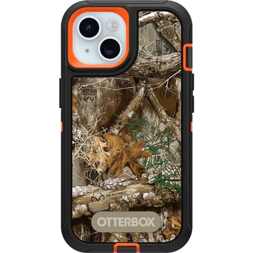 OtterBox Schutzhülle für iPhone 15, iPhone 14 und iPhone 13 Defender Series – Realtree Edge (Blaze Orange/Schwarz/RT Edge), robust und langlebig, mit Anschlussschutz, inklusive Holster-Clip-Ständer von OtterBox