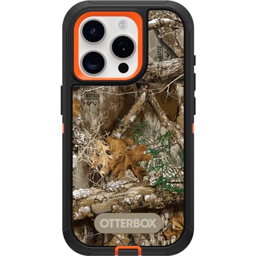 OtterBox Schutzhülle für iPhone 15 Pro (nur) Defender Series – Realtree Edge (Blaze Orange/Schwarz/RT Edge), robust und langlebig, mit Port-Schutz, inklusive Holster-Clip-Ständer von OtterBox