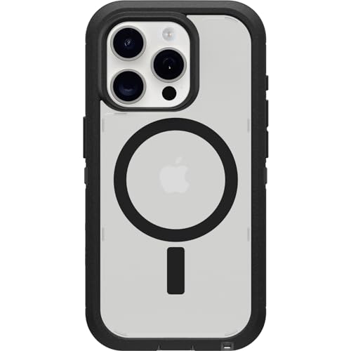 OtterBox Schutzhülle für iPhone 15 Pro (nur Defender Series XT, transparente Hülle, dunkle Seite (schwarz/transparent), bildschirmlos, robust, rastet an MagSafe mit Schlüsselband von OtterBox