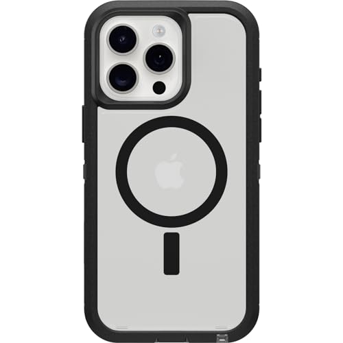 OtterBox Schutzhülle für iPhone 15 Pro Max (nur Defender-Serie XT, transparente Hülle, dunkle Seite (schwarz/transparent), bildschirmlos, robust, rastet an MagSafe mit Schlüsselband von OtterBox