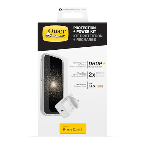 OtterBox Sturzschutz Bundle für Apple iPhone 12 Mini, Symmetry Clear Schützende Dünne Hülle, Alpha Glass Displayschutz und UK USB-C 20W USB-C PD Schnellladegerät, Weiß von OtterBox