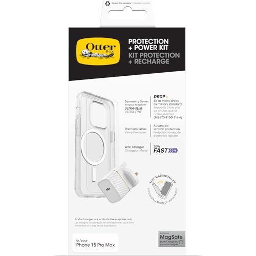 OtterBox Sturzschutz Bundle für iPhone 15 Pro Max; Symmetry Clear MagSafe Hülle, Premium Glass Displayschutz und UK 30W USB-C GaN Schnellladegerät von OtterBox