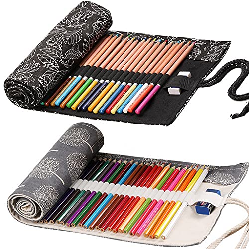 Leinwand Pencil Wrap, Ouceanwin 2 Stücke 36 Löcher Leinwand Stifterolle Tragbar Tasche Federmäppchen Schlamperrolle Stiftehalter Mäppchen Bleistiftkasten für Künstler Reisen Schule von Ouceanwin