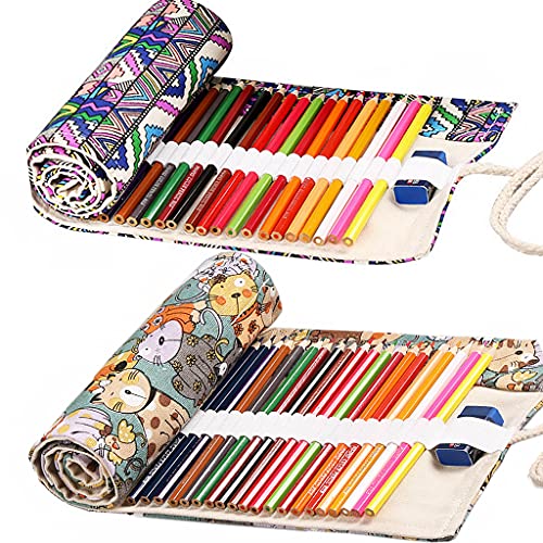 Leinwand Pencil Wrap, Ouceanwin 2 Stücke 36 Slots Bleistift Wrap, Leinwand Stifterolle Tragbar Tasche Federmäppchen Schlamperrolle Stiftehalter Mäppchen Bleistiftkasten für Künstler Reisen Schule von Ouceanwin