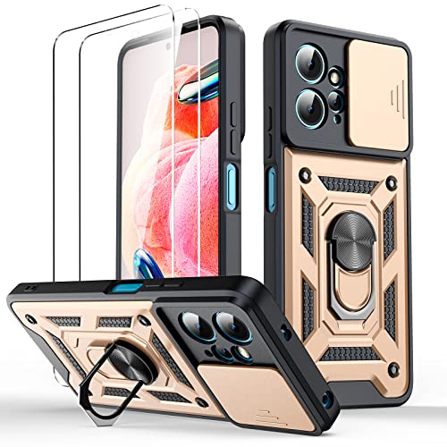 Oududianzi Handyhülle für Xiaomi Redmi Note 12 4G mit [2 x Hartglas] verschiebbarer Linsenabdeckung, stoßfest und Kratzfest, 360 ° Grad drehbarer Telefonhalter-Gold von Oududianzi