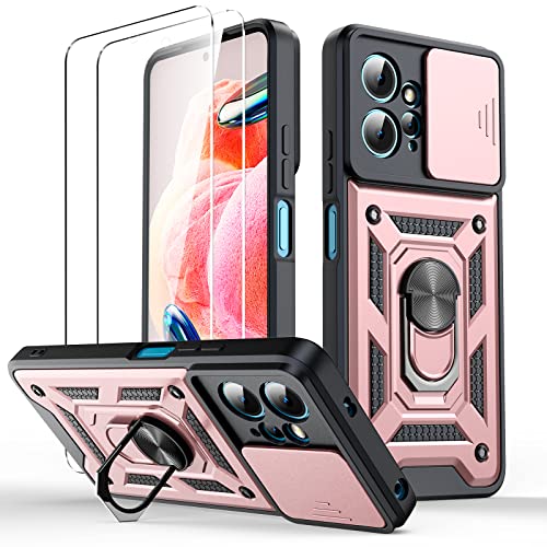 Oududianzi Handyhülle für Xiaomi Redmi Note 12 4G mit [2 x Hartglas] verschiebbarer Linsenabdeckung, stoßfest und Kratzfest, 360 ° Grad drehbarer Telefonhalter-Rosa von Oududianzi