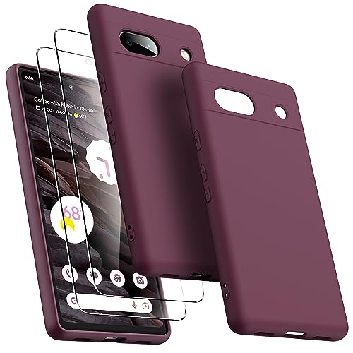 Oududianzi Hülle für Google Pixel 7a mit 2er-Pack Gehärtetem Glas Displayschutzfolie, Schlankes Flüssiges Silikon Stoßfestes Schützendes Telefoncover für Frauen/Männer - Weinrot von Oududianzi