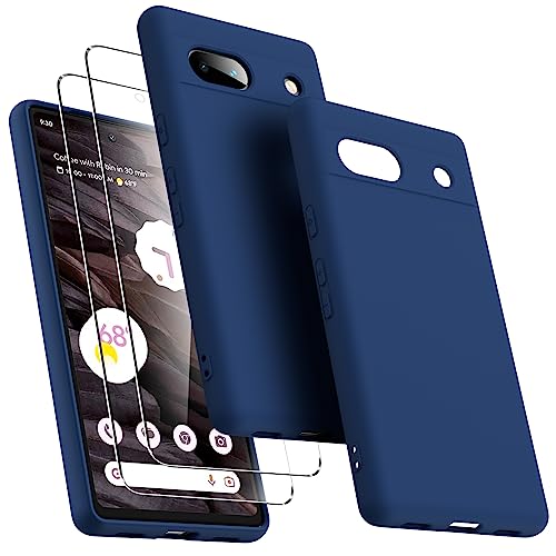 Oududianzi Hülle für Google Pixel 7a mit 2er-Pack gehärtetem Glas Displayschutzfolie, schlankes flüssiges Silikon stoßfestes schützendes Telefoncover für Frauen/Männer - Blau von Oududianzi