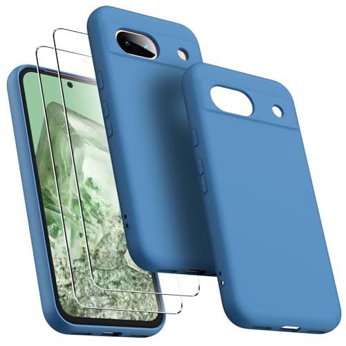 Oududianzi Hülle für Google Pixel 8a mit 2er-Pack Gehärtetem Glas Displayschutzfolie, Schlankes Flüssiges Silikon Stoßfestes Schützendes Telefoncover für Frauen/Männer - Blau von Oududianzi