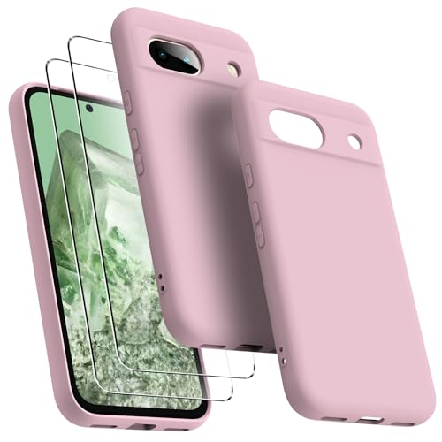 Oududianzi Hülle für Google Pixel 8a mit 2er-Pack Gehärtetem Glas Displayschutzfolie, Schlankes Flüssiges Silikon Stoßfestes Schützendes Telefoncover für Frauen/Männer - Rosa von Oududianzi