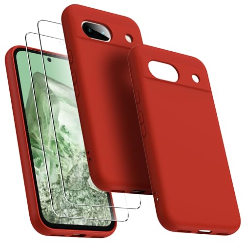 Oududianzi Hülle für Google Pixel 8a mit 2er-Pack Gehärtetem Glas Displayschutzfolie, Schlankes Flüssiges Silikon Stoßfestes Schützendes Telefoncover für Frauen/Männer - Rot von Oududianzi