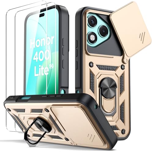 Oududianzi - Hülle für Honor 400 Lite Handyhülle,[2 Stück BildschirmSchutzfolie]mit Verschiebbarer Kameraabdeckung, Drehbarer Fingerring Ständer, Stoßfest Kratzfest Schutzhülle - Gold von Oududianzi