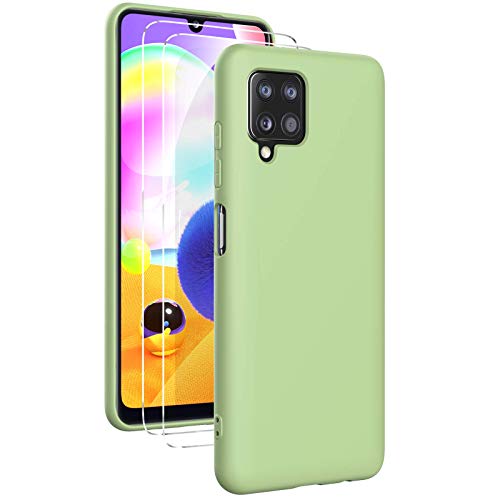 Oududianzi - Hülle für Samsung Galaxy A12 Case Weiches Flüssige Silikon + [2 Stück Panzerglas Display Schutzfolie], Reiner Farbe Ultradünne Stoßfeste Gummihülle - Matcha grün von Oududianzi