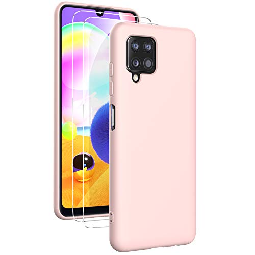 Oududianzi - Hülle für Samsung Galaxy A12 Case Weiches Flüssige Silikon + [2 Stück Panzerglas Display Schutzfolie], Reiner Farbe Ultradünne Stoßfeste Gummihülle - Rosa von Oududianzi