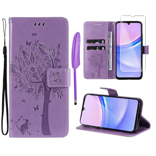 Oududianzi - Hülle für Samsung Galaxy A15 4G / 5G Handyhülle Leder Klapphülle Tasche Flipcase Schutzhülle Silikon TPU [1X Displayschutzfolie][Kartenfächer][Magnetverschluss][Standfunktion] - Lila von Oududianzi