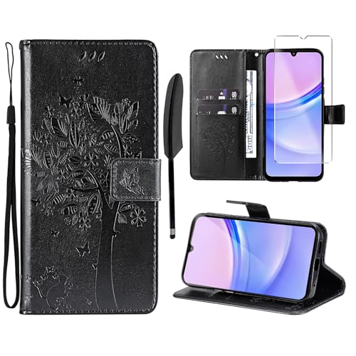 Oududianzi - Hülle für Samsung Galaxy A15 4G / 5G Handyhülle Leder Klapphülle Tasche Flipcase Schutzhülle Silikon TPU [1X Displayschutzfolie][Kartenfächer][Magnetverschluss][Standfunktion] - Schwarz von Oududianzi