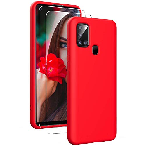 Oududianzi - Hülle für Samsung Galaxy A21s Case Weiches Flüssige Silikon + [2 Stück Panzerglas Display Schutzfolie], Reiner Farbe Ultradünne Stoßfeste Gummihülle - Rot von Oududianzi