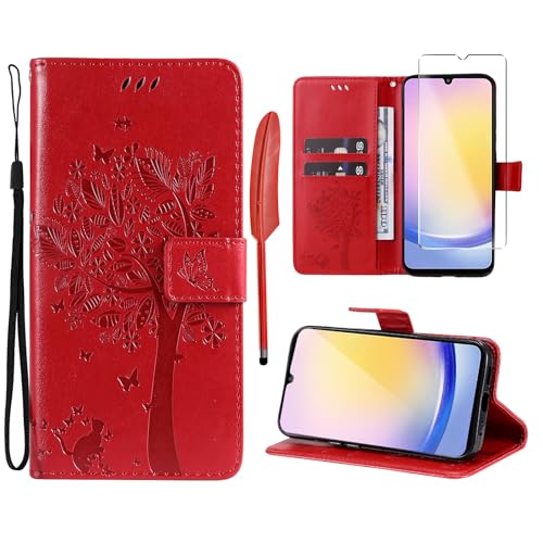 Oududianzi - Hülle für Samsung Galaxy A25 5G Handyhülle Leder Klapphülle Tasche Flipcase Schutzhülle Silikon TPU [1X Displayschutzfolie][Kartenfächer][Magnetverschluss][Standfunktion] - Rot von Oududianzi