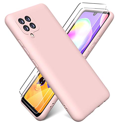 Oududianzi - Hülle für Samsung Galaxy A42 5G Case Weiches Flüssige Silikon + [2 Stück Panzerglas Display Schutzfolie], Reiner Farbe Ultradünne Stoßfeste Gummihülle - Rosa von Oududianzi