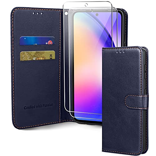 Oududianzi Hülle für Samsung Galaxy A54 5G, [2 x gehärtetes Glas] Lederhülle mit Kartenfächern und Ständer, Schutzhülle kompatibel mit Samsung Galaxy A54 5G - Azurblau von Oududianzi