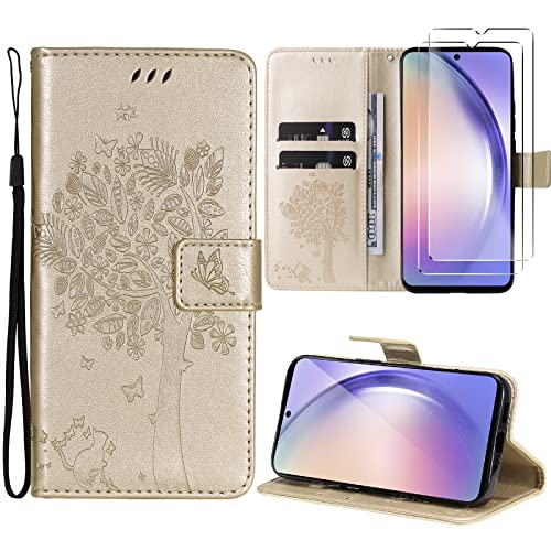 Oududianzi-Hülle für Samsung Galaxy A54 5G Handyhülle Leder Klapphülle Tasche Flipcase Schutzhülle Silikon TPU [2X Displayschutzfolie] [Kartenfächer] [Magnetverschluss] [Standfunktion]-Gold von Oududianzi