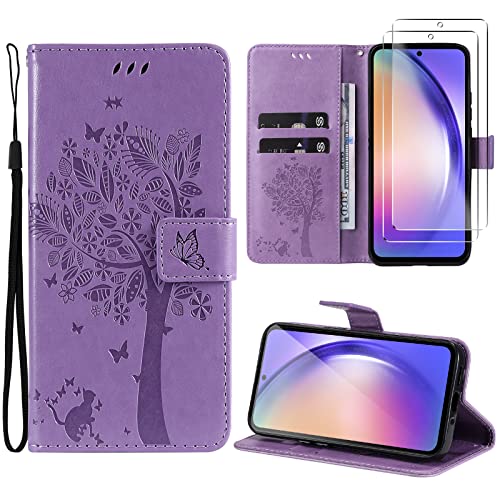 Oududianzi-Hülle für Samsung Galaxy A54 5G Handyhülle Leder Klapphülle Tasche Flipcase Schutzhülle Silikon TPU [2X Displayschutzfolie] [Kartenfächer] [Magnetverschluss] [Standfunktion]-Lila von Oududianzi