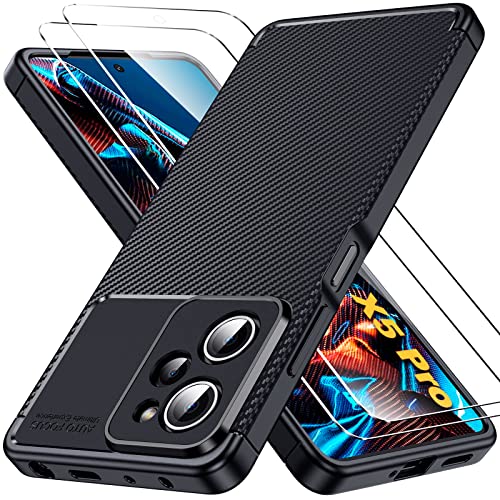 Oududianzi-Hülle für Xiaomi Poco X5 Pro 5G Case [2X Displayschutzfolie] [Kohlefaser-Textur] [Shockproof Absorption] [Anti-Slip] Robuste Stoßfest Rüstung Weich Schlank TPU Silikon Handyhülle - Schwarz von Oududianzi