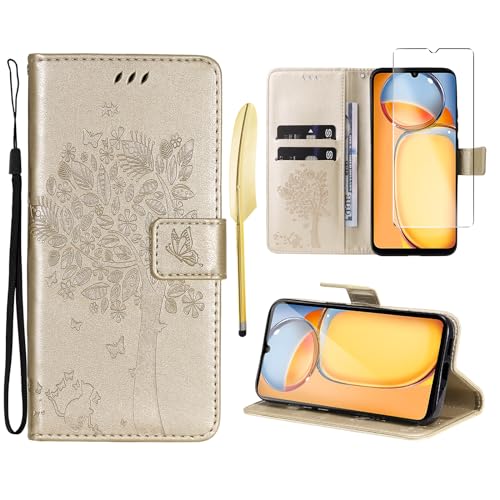 Oududianzi - Hülle für Xiaomi Redmi 13C / Poco C65 Handyhülle Leder Klapphülle Tasche Flipcase Schutzhülle Silikon TPU [1X Displayschutzfolie][Kartenfächer][Magnetverschluss][Standfunktion] - Gold von Oududianzi