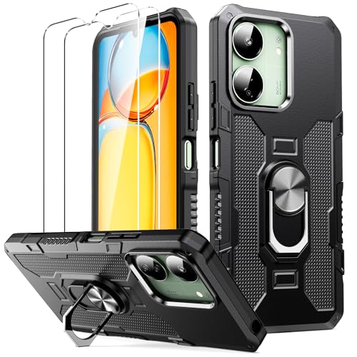 Oududianzi - Hülle für Xiaomi Redmi 13C / Poco C65 Kickstand Handyhülle, [Ring Ständer Case] [Militär Hart PC+Silikon TPU Bumper] Stoßfeste Kratzfest Armor Schutzhülle mit Redmi 13C Hülle - Schwarz von Oududianzi