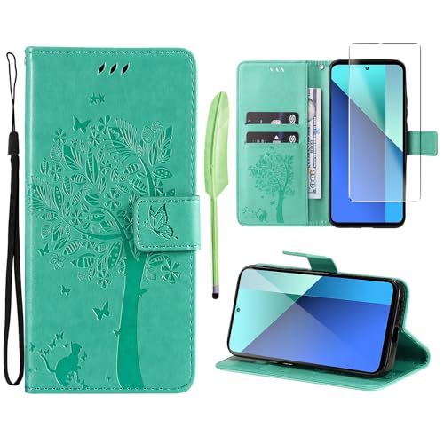 Oududianzi - Hülle für Xiaomi Redmi Note 13 4G (Not 5G) Handyhülle Leder Klapphülle Tasche Flipcase Schutzhülle Silikon TPU [1X Displayschutzfolie][Kartenfächer][Magnetverschluss][Standfunktion]-Grün von Oududianzi