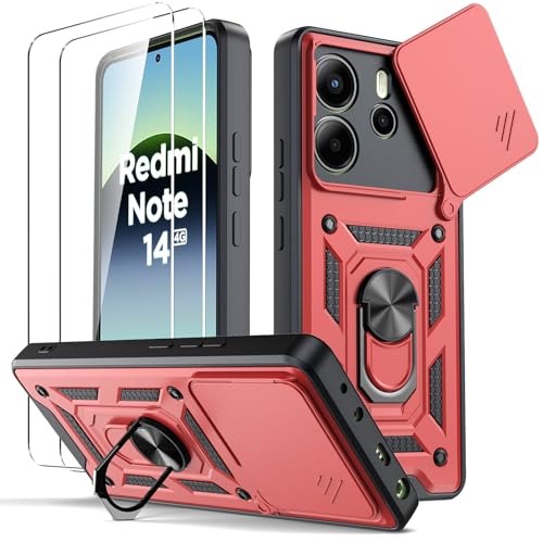 Oududianzi - Hülle für Xiaomi Redmi Note 14 4G (Nicht für 5G) Handyhülle,[2 Stück BildschirmSchutzfolie]mit Verschiebbarer Kameraabdeckung, Drehbarer Fingerring Ständer - Rot von Oududianzi