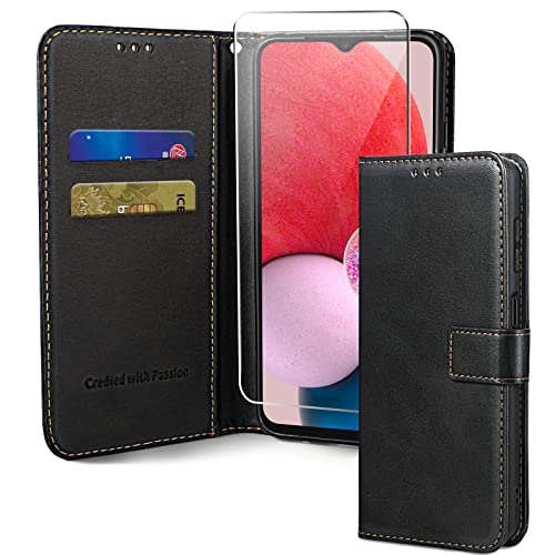 Oududianzi-Lederhülle kompatibel mit Samsung Galaxy A04S/A13 4G/5G,[1 x Hartglas] Handyhülle aus Leder mit Kartenschlitz und Ständer,Schutzhülle Kompatibel mit Samsung Galaxy A04S/A13 4G/5G-Schwarz von Oududianzi