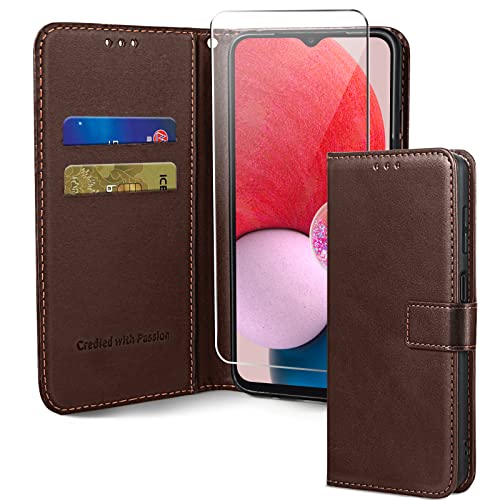 Oududianzi-Lederhülle kompatibel mit Samsung Galaxy A04S/A13 4G/5G,[1 x Hartglas] Handyhülle aus Leder mit Kartenschlitz und Ständer,Schutzhülle Kompatibel mit Samsung Galaxy A04S/A13 4G/5G-Braun von Oududianzi