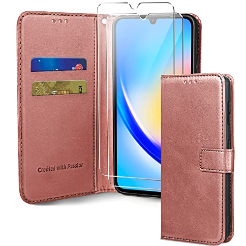 Oududianzi-Lederhülle kompatibel mit Samsung Galaxy A34 5G,[1 x Hartglas] Handyhülle aus Leder mit Kartenschlitz und Ständer,Schutzhülle Kompatibel mit Samsung Galaxy A34 5G-Rosa von Oududianzi