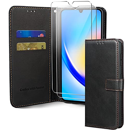 Oududianzi-Lederhülle kompatibel mit Samsung Galaxy A34 5G,[1 x Hartglas] Handyhülle aus Leder mit Kartenschlitz und Ständer,Schutzhülle Kompatibel mit Samsung Galaxy A34 5G-Schwarz von Oududianzi