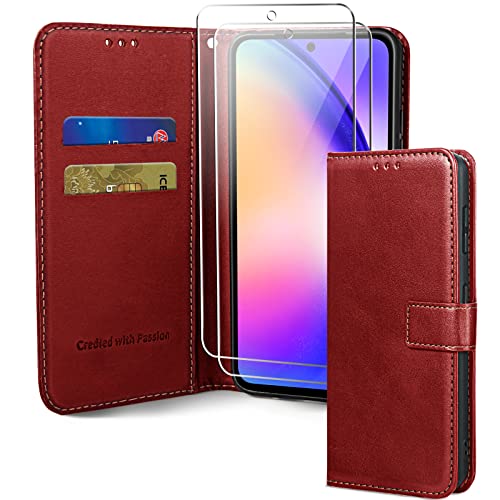 Oududianzi-Lederhülle kompatibel mit Samsung Galaxy A54 5G,[1 x Hartglas] Handyhülle aus Leder mit Kartenschlitz und Ständer,Schutzhülle Kompatibel mit Samsung Galaxy A54 5G-Rot von Oududianzi