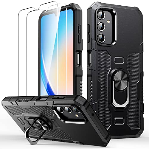 Oududianzi - Schutzhülle kompatibel mit Samsung Galaxy A34 5G Schutzhülle [2 x gehärtetes Glas] [Rotierende Stereo-Halterung] [PC Hartmetall + TPU Silikon Bumper] Armour Stoßfest Case - Schwarz von Oududianzi